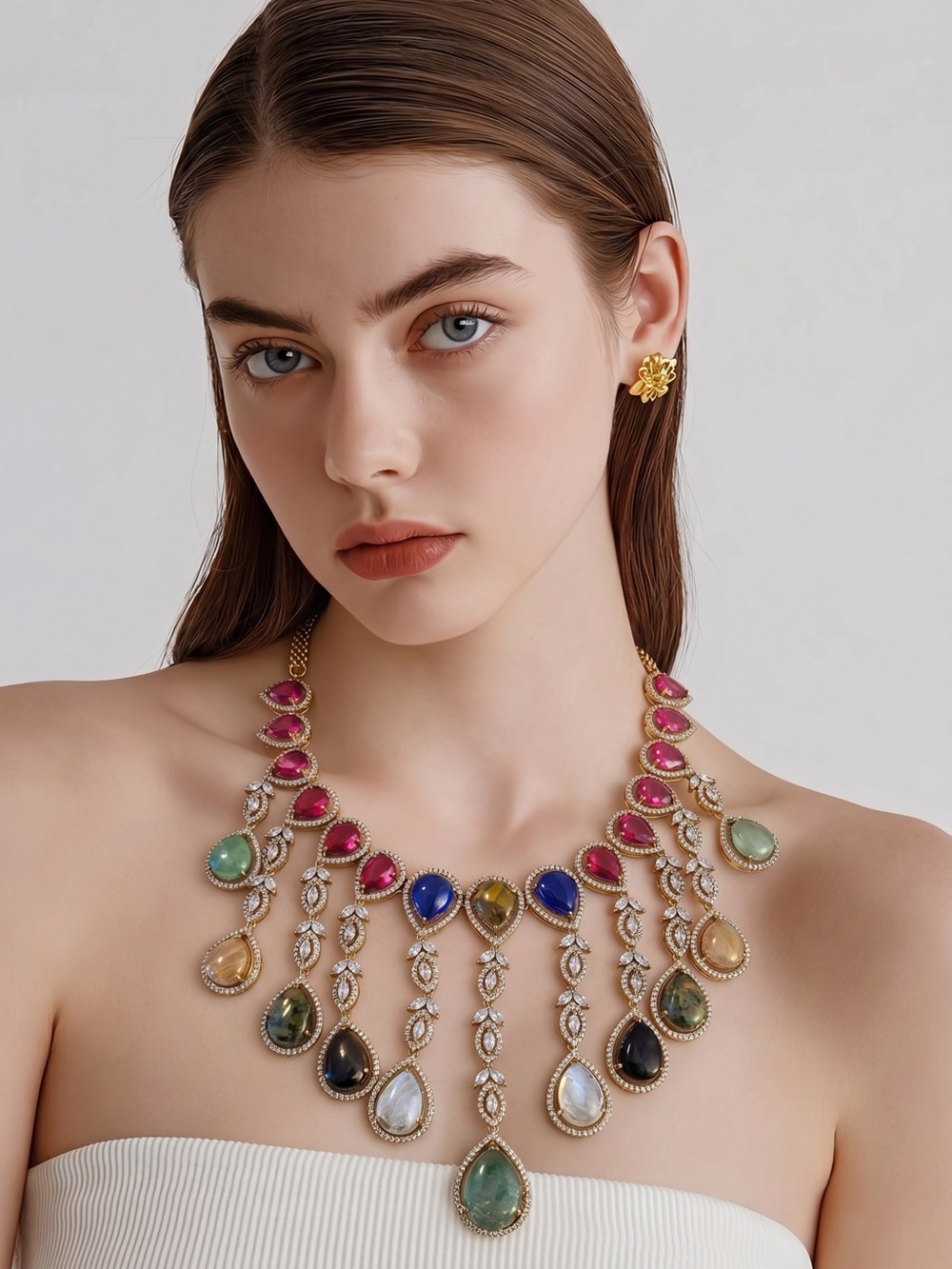 Gold-Tone Multicolor Teardrop Statement Necklace with earrings - Women Jewelry